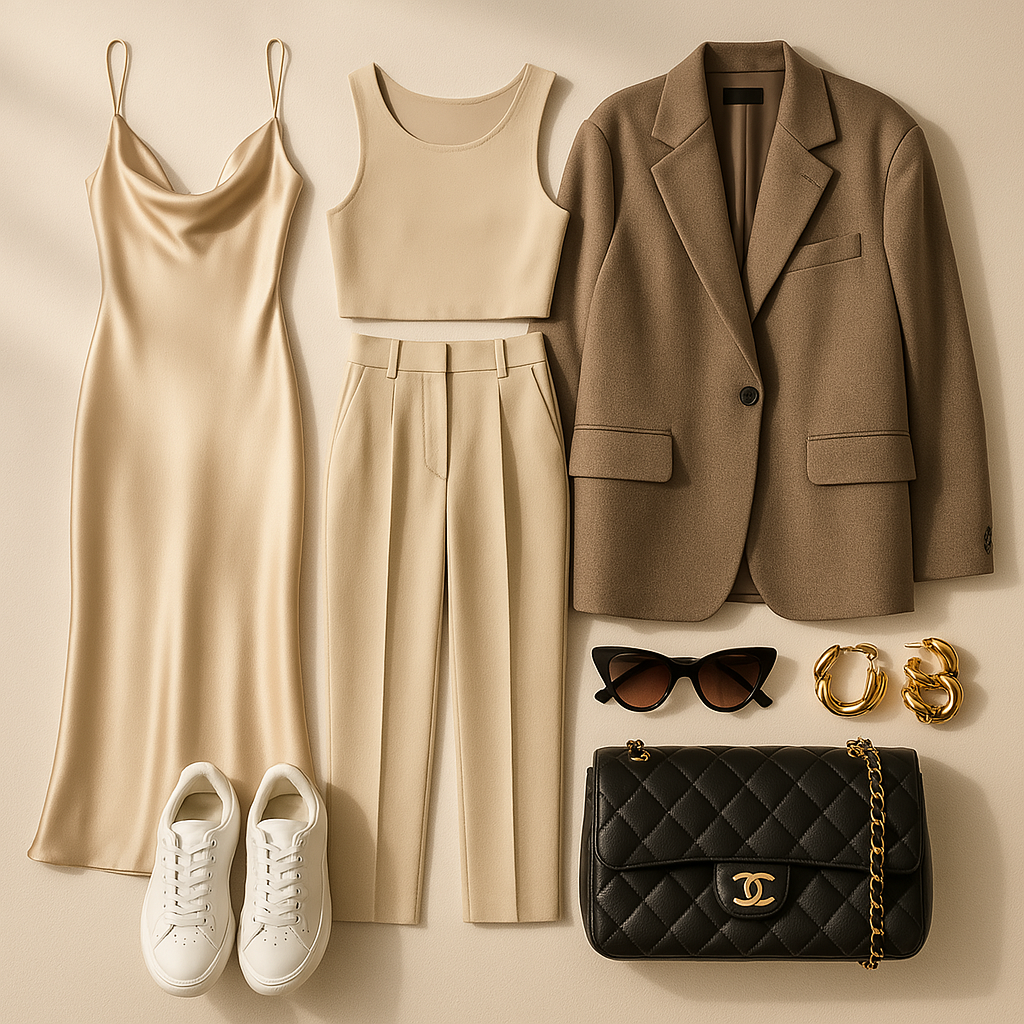 a glamorous flat lay of 7 essential fashion pieces for 2025 a satin dress, a chic coordinated outfi