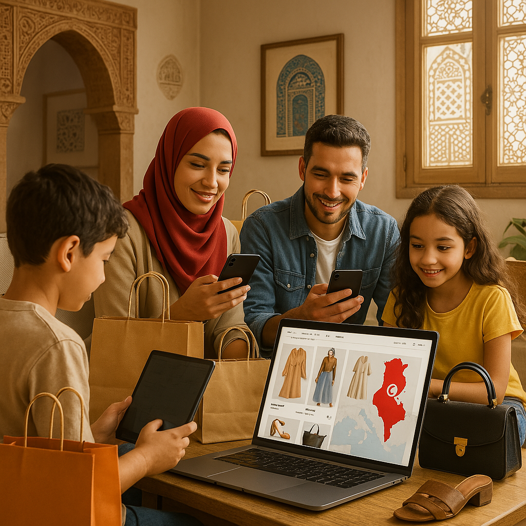 a realistic and stylish digital artwork showing people in tunisia shopping online. the scene include